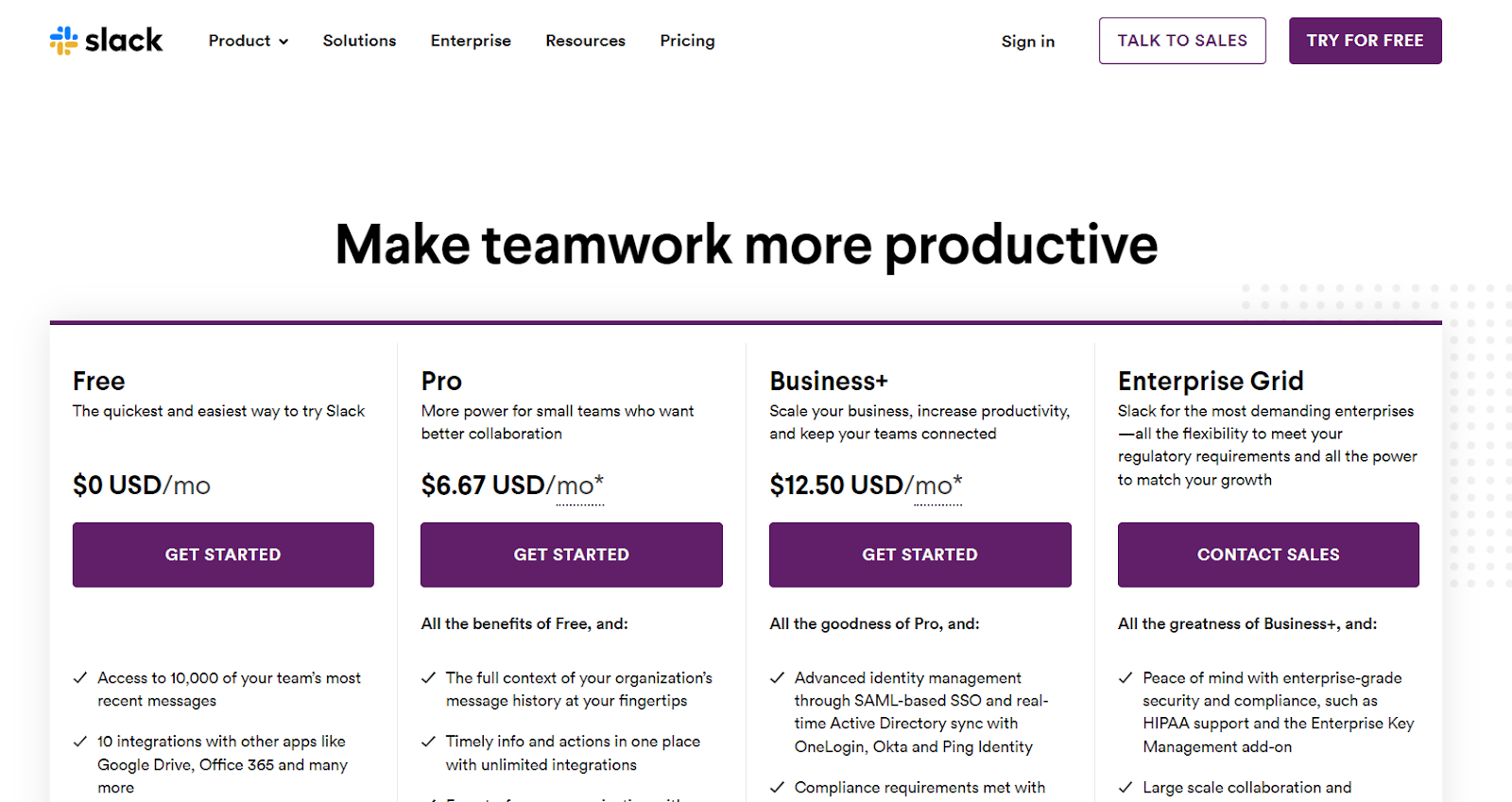 Example of slack pricing page