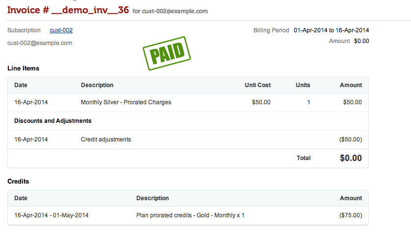 proration - downgrade invoice example