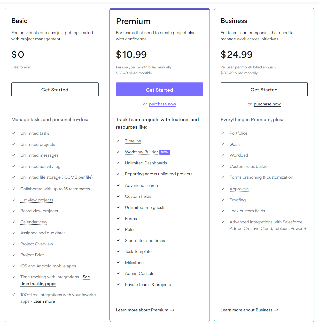 Asana Pricing Page